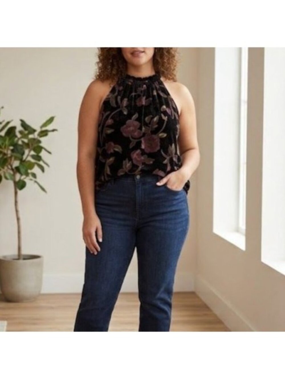 Max Studio Velvet Floral Halter Shirt Womens Size XL Black Gothic Romantic Muted